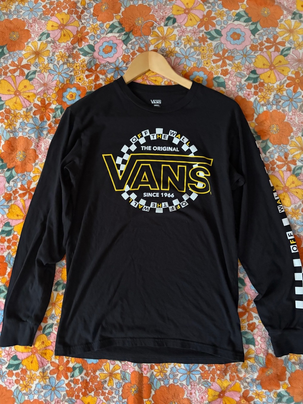 Vans Black Long Sleeve Tee with Yellow & White Logo. runs a little big.